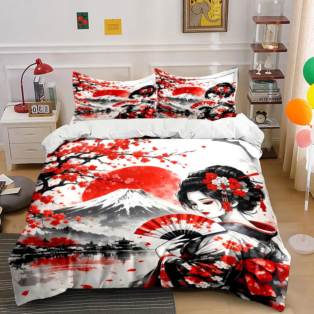 Kimono-clad woman by Mount Fuji Print Bedding Set 1 Duvet Cover 2 Pillowcases for Adult and Children Luxury Gift Full Size