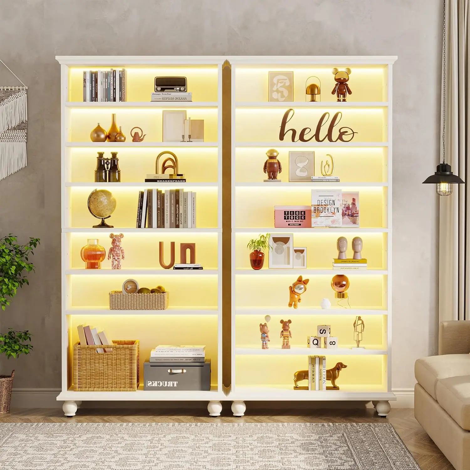 69-Inch Tall Bookcase with LED Lighting, Modern 9-Tier Freestanding Bookshelf with Solid Wood Legs, Wooden Open Display