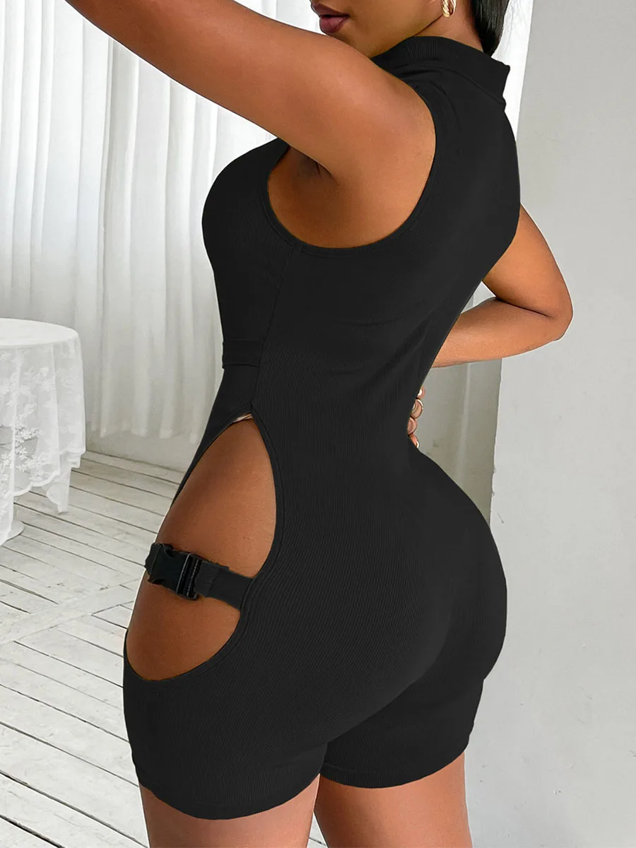 Cutout Sleeveless Sexy Jumpsuits For Women High Neck Hollow Rompers Bodycon Buckle Onepiece Going Out Clubwear