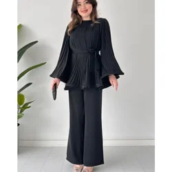 Fashion Lace-Up Shirt Plus Size Woman Clothes Outfits Pleated Baggy Top and Wide Leg Pants Set  Two Piece Sets Womens Outifits