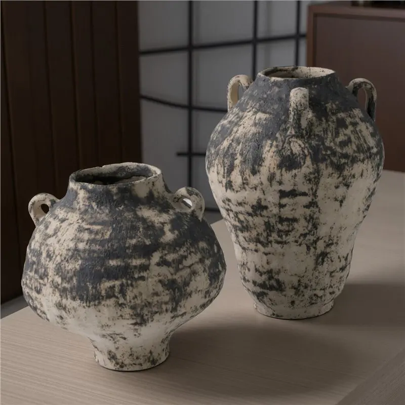 Chinese retro old ceramic flower ware hand-painted three-ear vase medieval living room entrance desktop soft decoration ornament