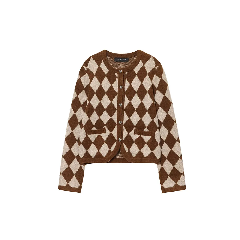 

Autumn new women's fashion diamond patterned jacquard knitted jacket