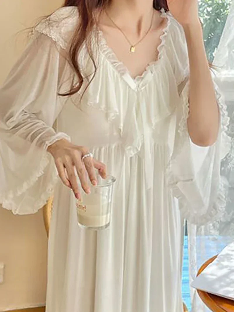 Women Female Fairy Ruffles Mesh Lolita Vintage Princess Nightdress Female Spring Pure Cotton Lace Victorian Nightgowns Sleepwear