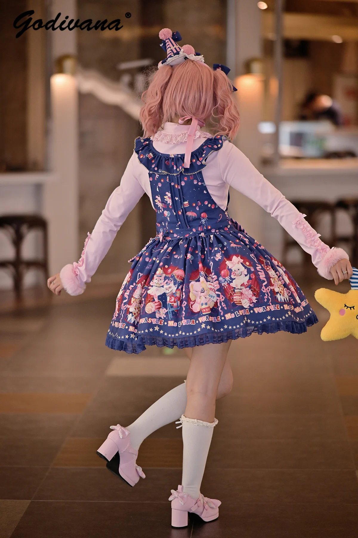 Słodka Urocza Kawaii Sukienka na Ramiączkach z Nadrukiem Dziewczęca Damska Lolita Kokarda Cosplay Krótka Sukienka na Szelkach Jsk Spódnice SK