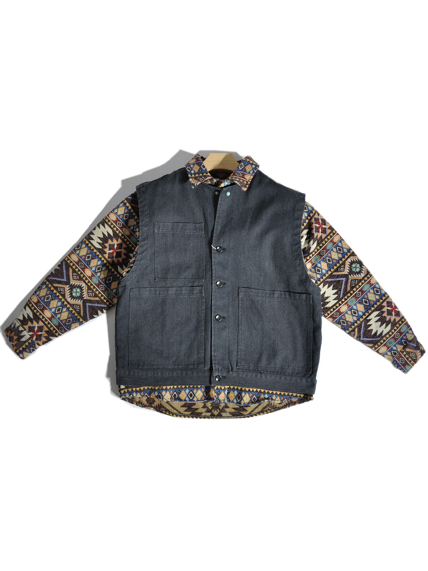 

Vintage American Style Canvas Hunting Vest Men's Outerwear Layering Clothing Ame Kaka Workwear Loose Fit round Neck Single Bu...