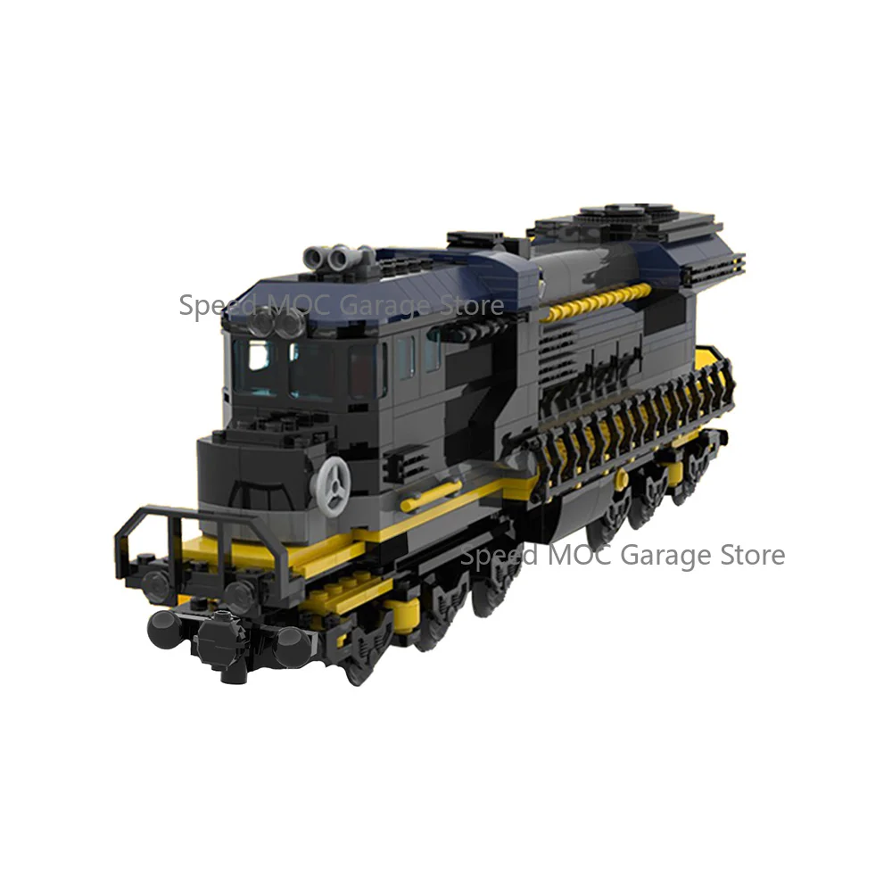 Vintage Diesel Railway Locomotive MOC Brick Set Black Yellow Striped Body Realistic Wheel Structure Industrial Train Collectible