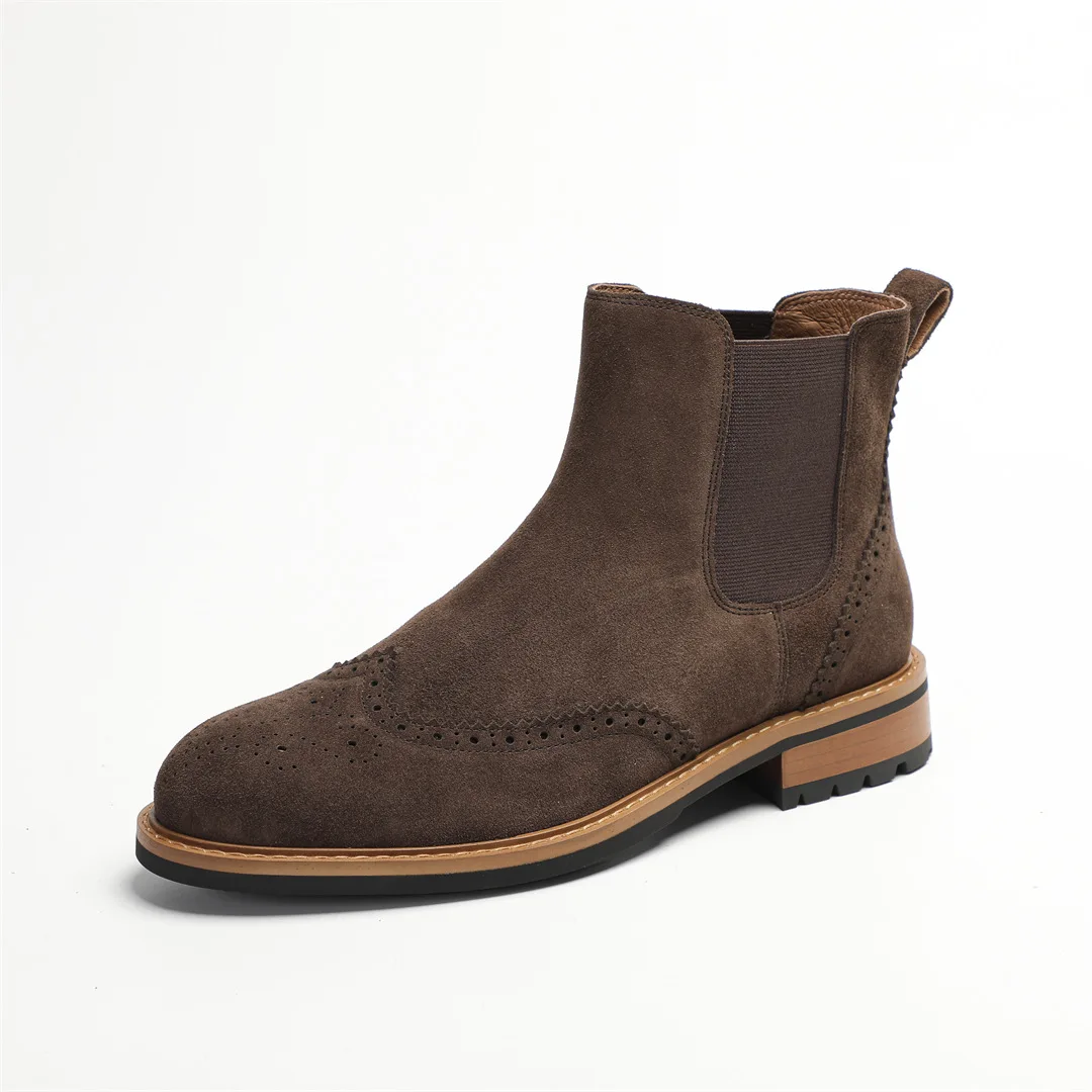 YETTIES Men's Autumn Chelsea Boots, Suede Leather Thermal Lined High Top with Brogue Detailing, British Casual Style