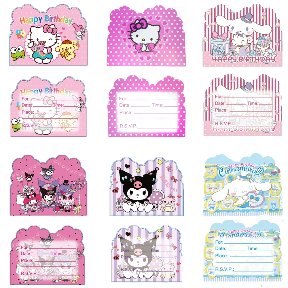 10 Uds. Tarjetas de invitación Sanrio Hello Kitty Kuromi Cinnamorol, decoraciones para fiesta de cumpleaños, suministros para fiestas, Baby shower, niño y niña