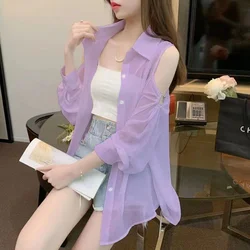 2023 Women New Off Shoulder Cardigan White Chiffon Shirt Female Summer fashion Design Feeling Small and Thin Sun Protection Coat