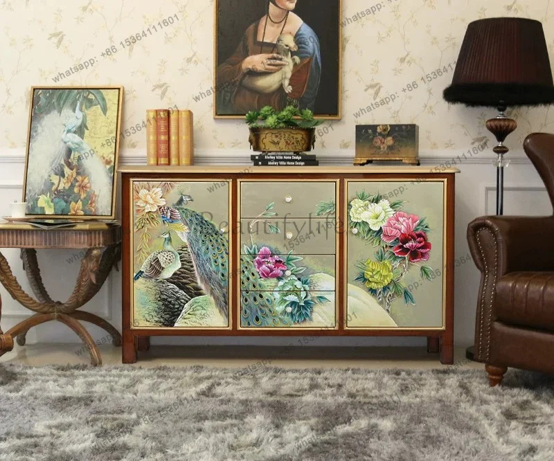 Original hand-painted room hall cabinet partition painted peacock American decoration new Chinese style