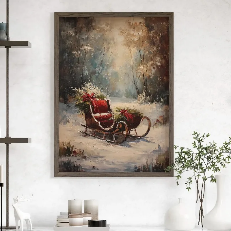 Vintage Painting Snowy Forest Red Sleigh Christmas Canvas Poster Prints Frameless Wall Art Festive Winter Cozy Warm Decor