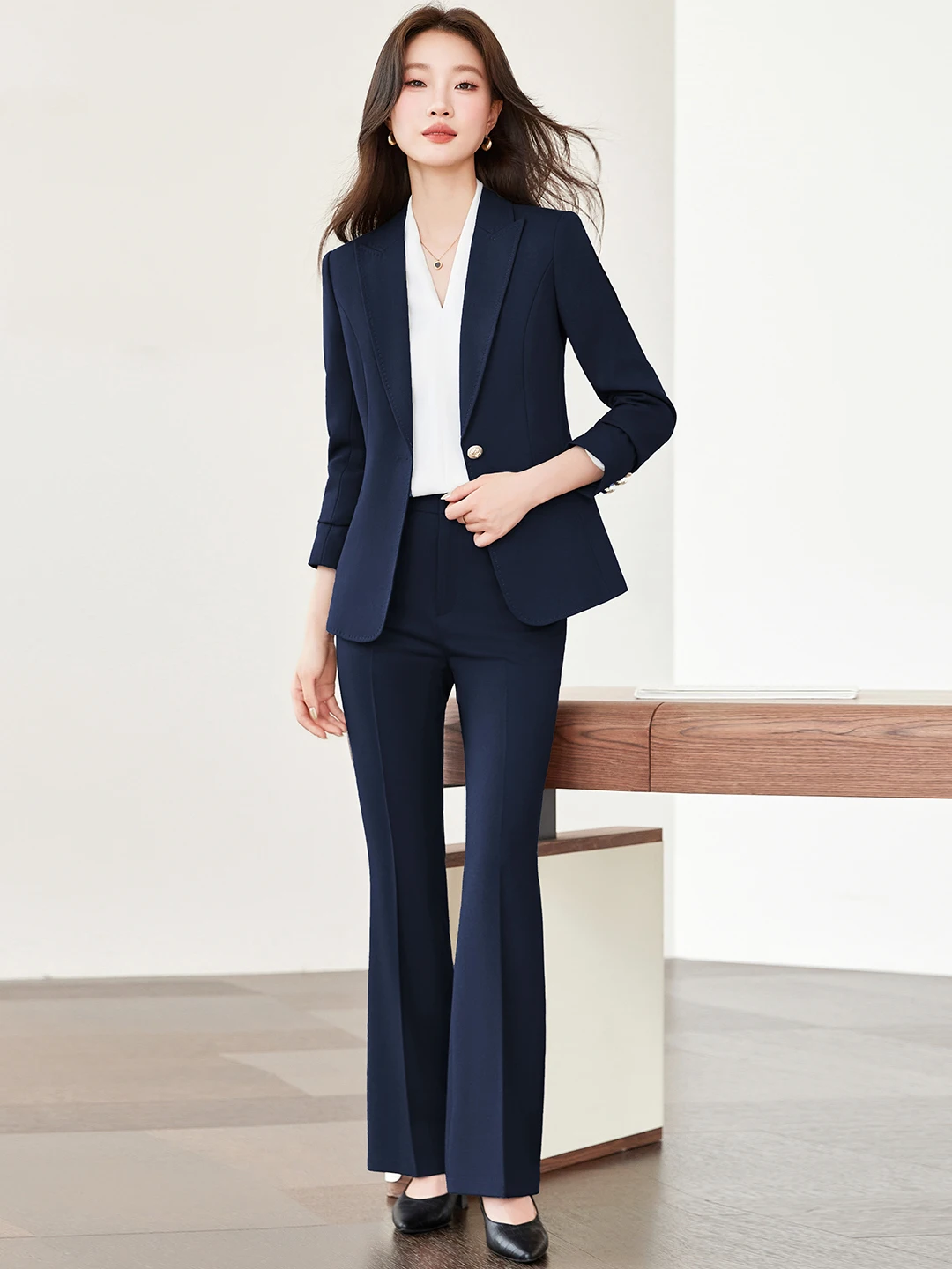 Elegant Pure Color Professional Women's Suit Set Autumn Fashion Slimming OL Blouse And Micro Flare Pants Two-Piece Ensemble