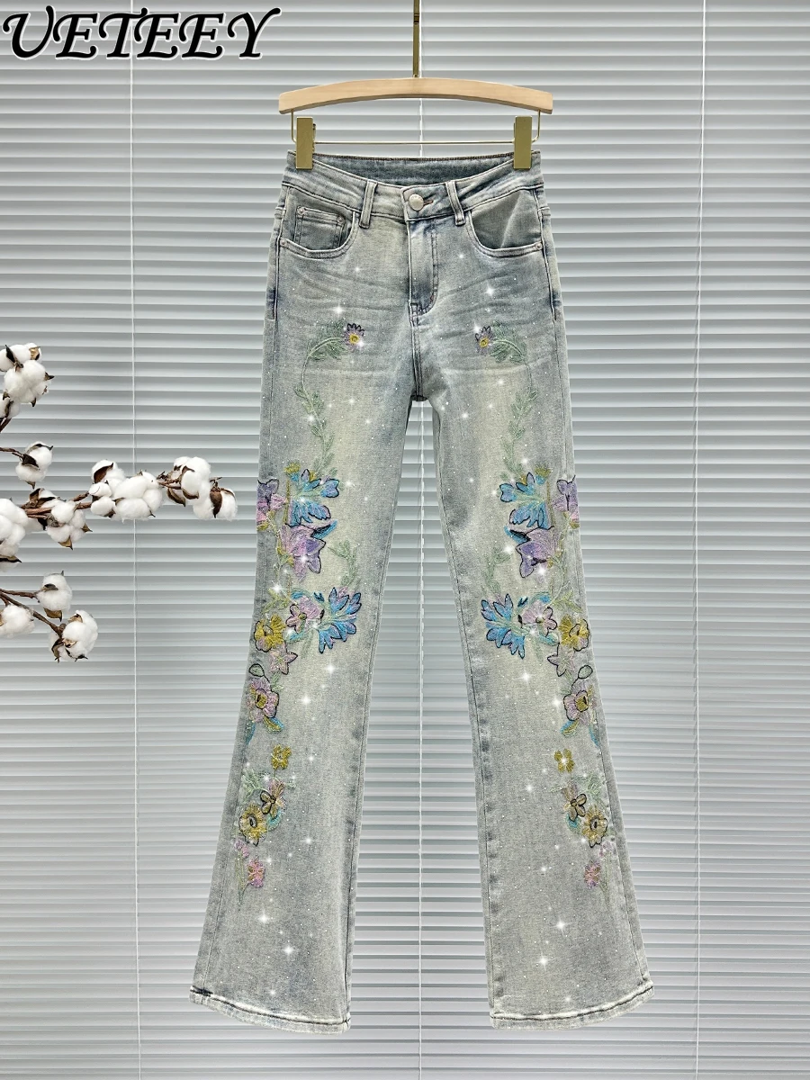 

Fashion Printed Embroidered Jeans Women Bootcut Pants New Autumn High Waist Slim Fit Stretch Rhinestone Denim Bell-Bottom Pants