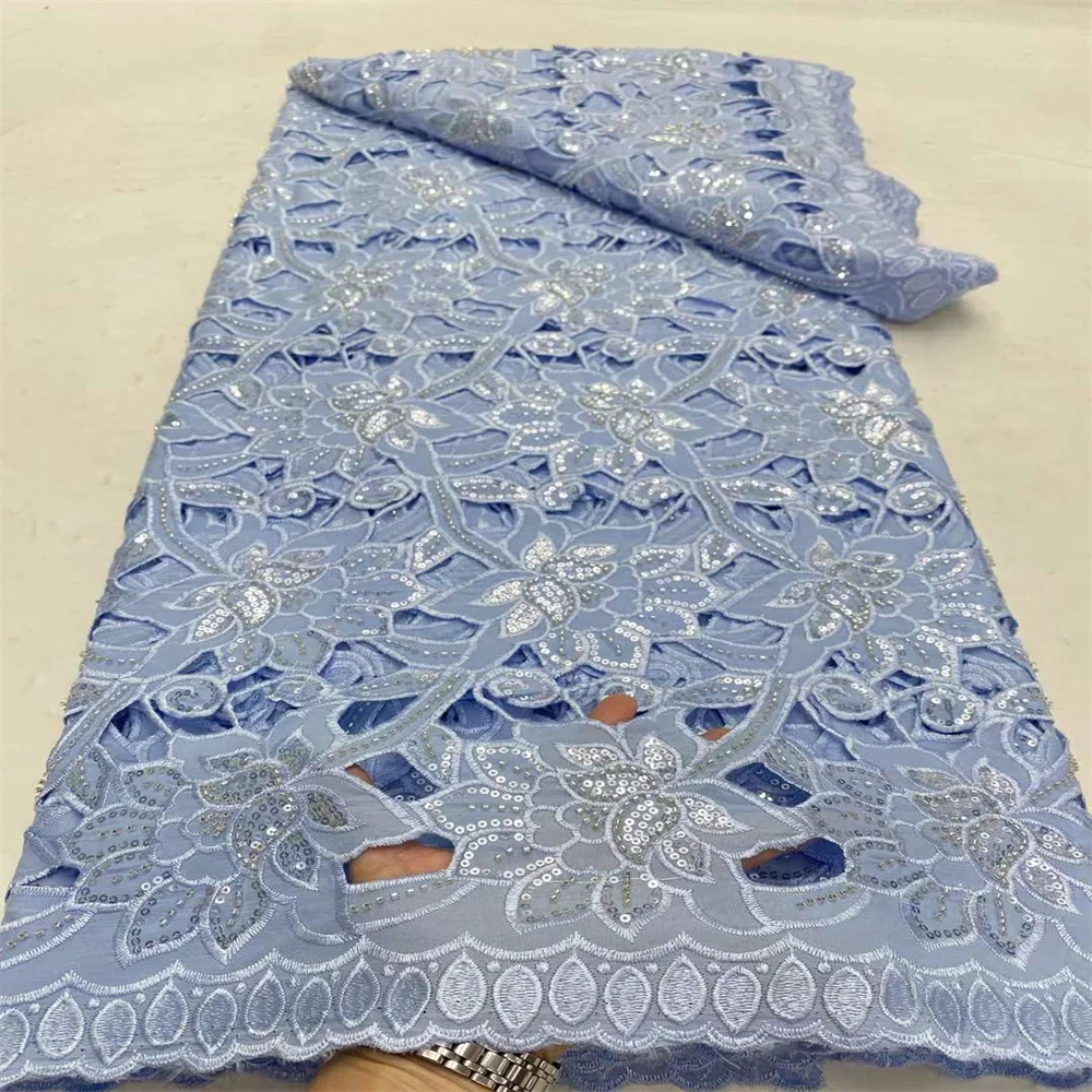 African Sequins Guipure Cord Lace Fabrics 5 Yards 2024 New Nigerian Water Soluble Lace For Women Wedding Dresses FD1111