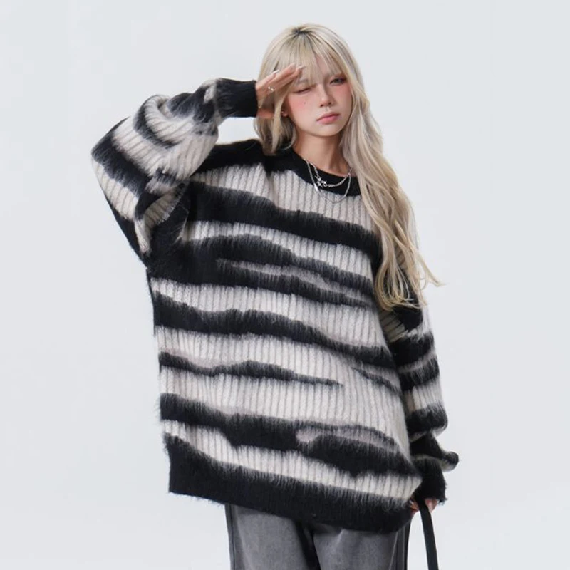 Harajuku Streetwear Oversized Stripe Sweater Women Goth Punk Long Sleeve Knitted Pullover Woman Autumn Winter Warm Jumper Mujer