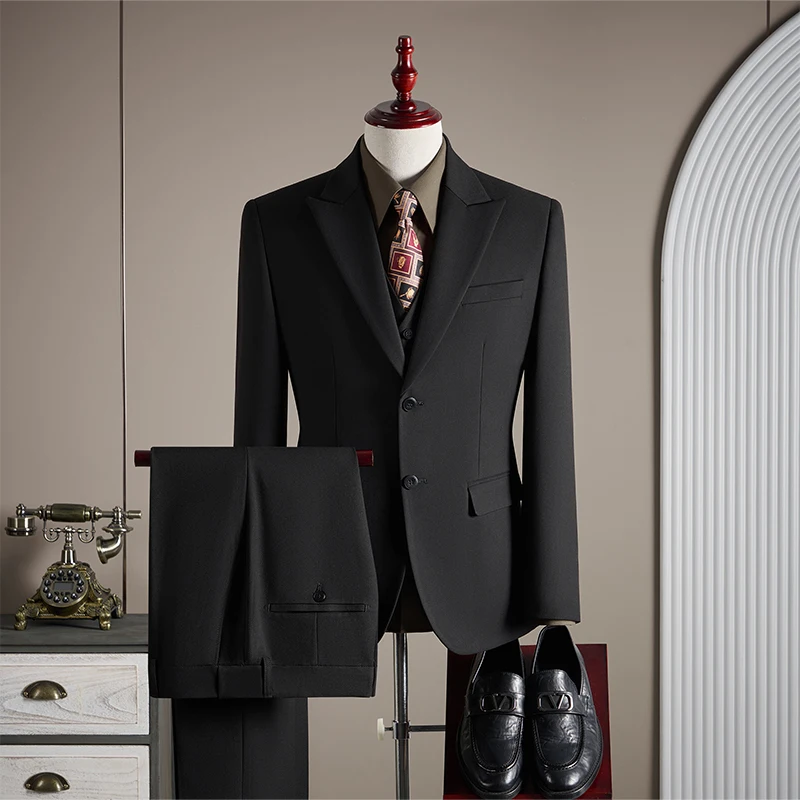 High-end wool suit set for men, fashionable and stylish business casual three-piece suit, Tencel suit, groom's wedding dress