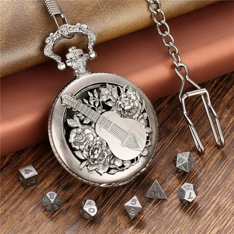 Retro 7 X Metal Polyhedral Dice Role Play Gaming Dices with Guitar Flower Design Pocket Watch Case FOB Chain Gift view 6
