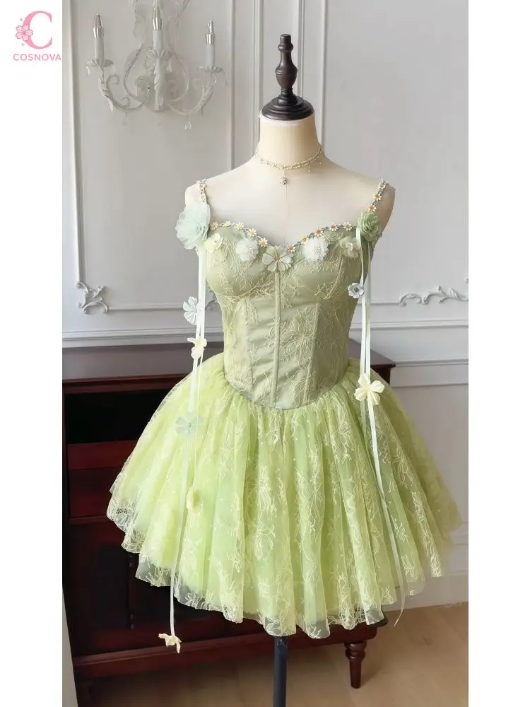 Forest Fairy Floral Lace Love Mini Dress Women Sweet Cottagecore Corset Waist Tulle Skirt Fairycore Summer Party Costume Outfit