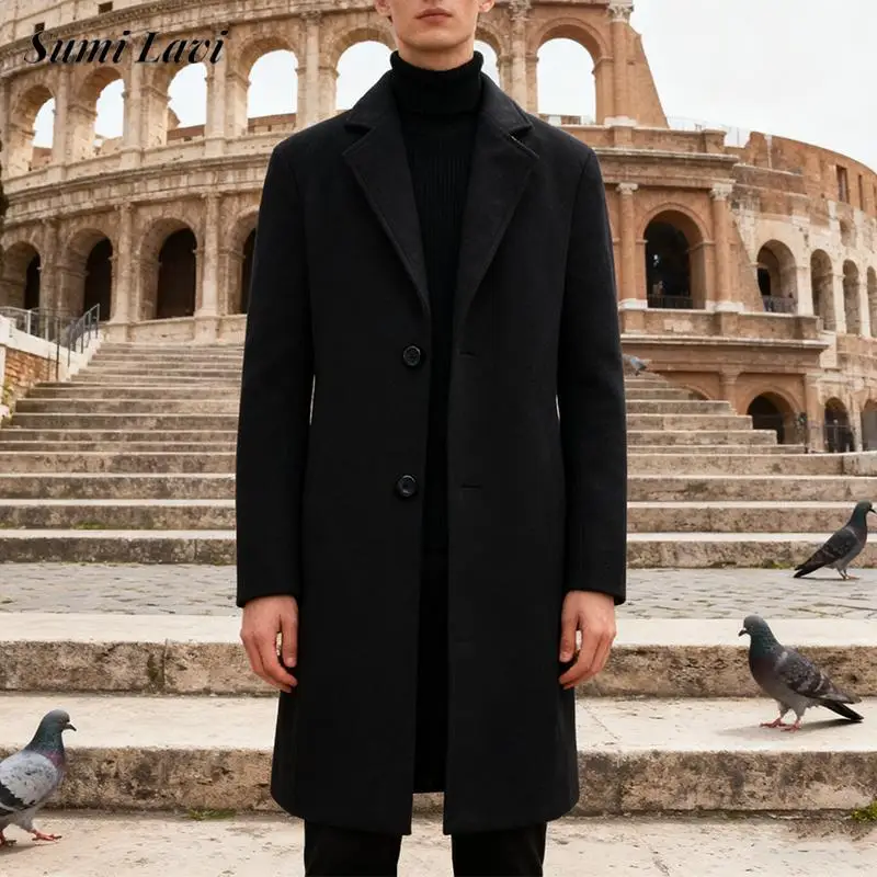 

Oversize Woolen Jacket Coat Mens Fall Winter Daily Casual Solid Color Trench Windbreaker Men Fashion Buttoned Lapel Overcoats