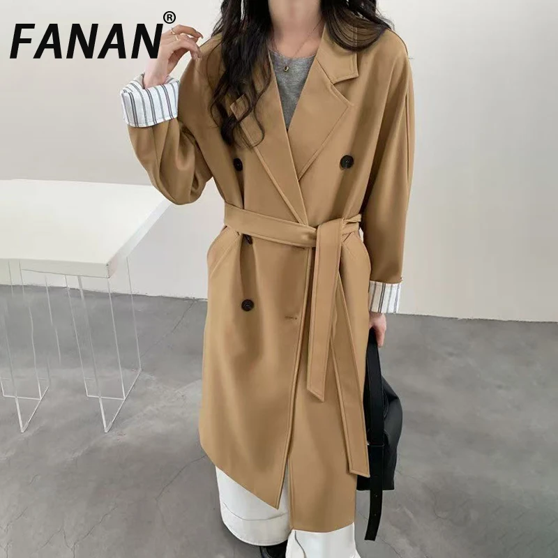 

FANAN Elegant Belt Gathered Waist Long Trench Women's Double Breasted Office Lady Windbreaker Temperament Coats 2025 Autumn New
