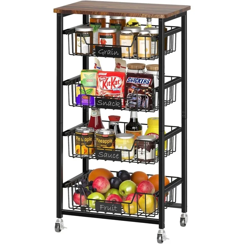 Kitchen Storage Cart with Wheels,  Metal Utility Rolling Cart Fruit Vegetable Storage Basket Pantry Rack with