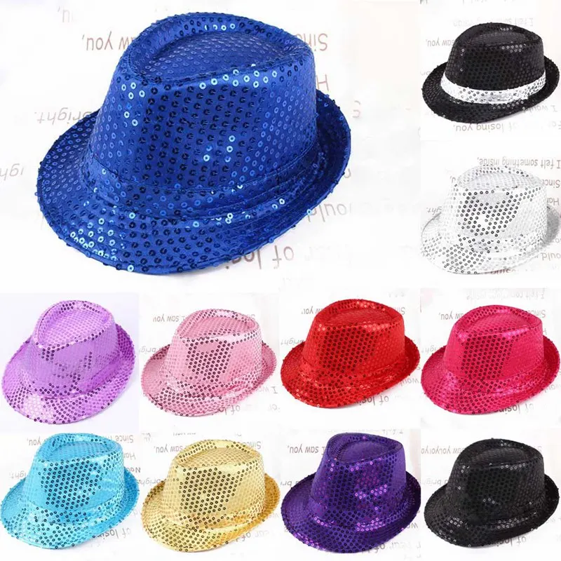 Unisex Hip Hop Jazz Hat Party Stage Dance Sequins Show Glitter Cowboy Caps Performance Costume Shiny Beading Clown Magician Hat