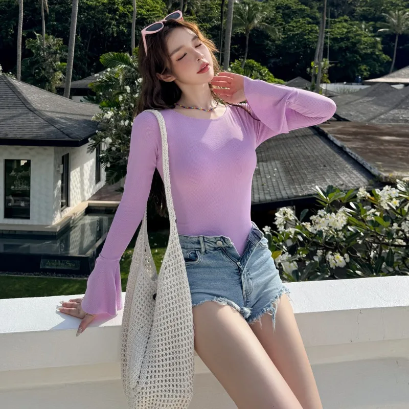 Korean Women One-piece Swimsuit Long-sleeved Solid Candy Color Swimwear Backless Cross Strap Sexy Spa Monokini Bathing Suit