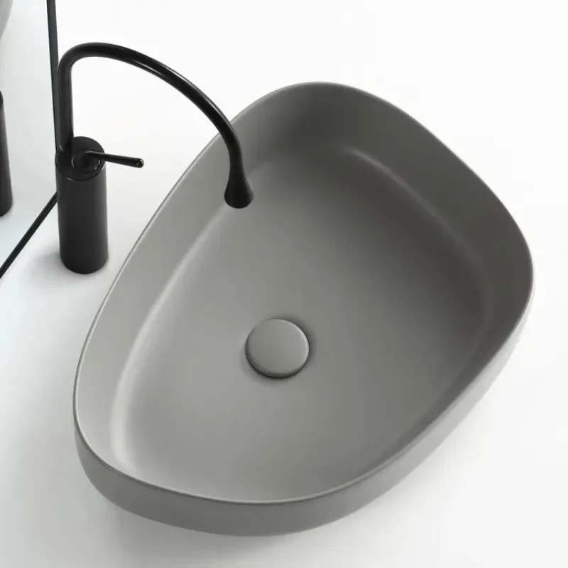 

High-grade Smoke Matte Gray Bathroom Sink Cement Countertop Ceramic Washbasin Round Oval Washroom Hand Wash Pool with Faucet