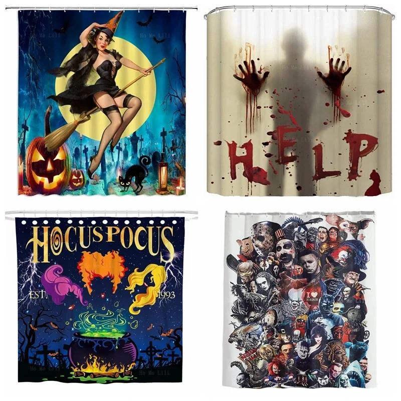 Horror Movie Characters Halloween Sexy Witch Eyes Pumpkin Retro Pin Up Girl Help Me With Bloody Hands Hocus Pocus Shower Curtain