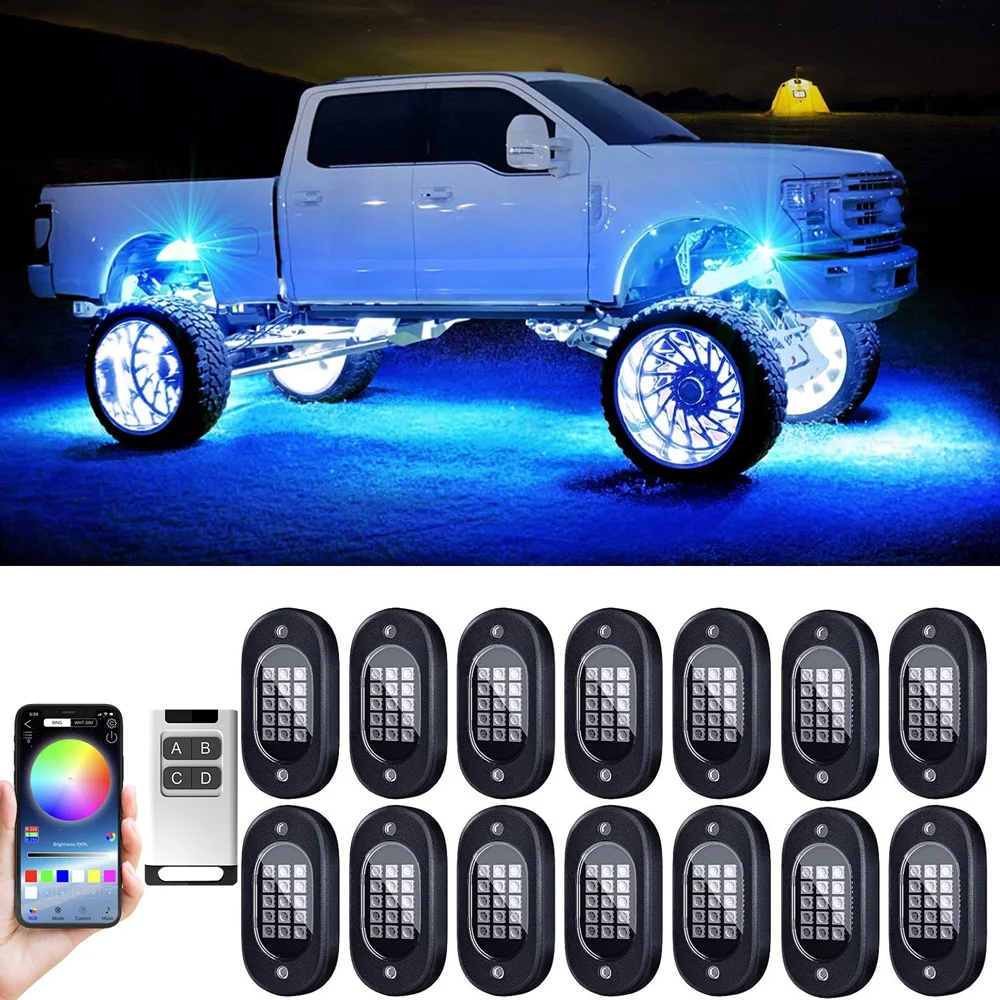 4/6/8/10/12X RGB LED Rock Light Kit Bluetooth APP Underbody Music Light Multicolor Neon Atmosphere Lamp for Offroad SUV 4x4 ATV