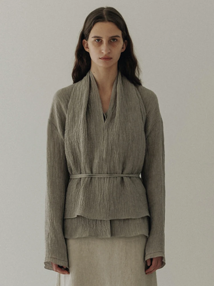 

Linen irt Women's Spring Summer New Korean Layering One Button Open Cardigan Straight Tube Long Sve V-ne