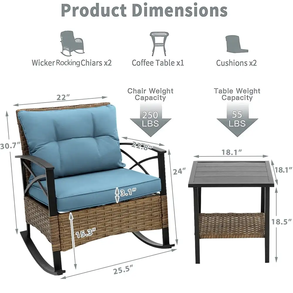 3 Piece Patio Rocking Bistro Set, PE Rattan Rocking Chairs Set of 2 and Steel Side Table, Outdoor Furniture Conversation Set