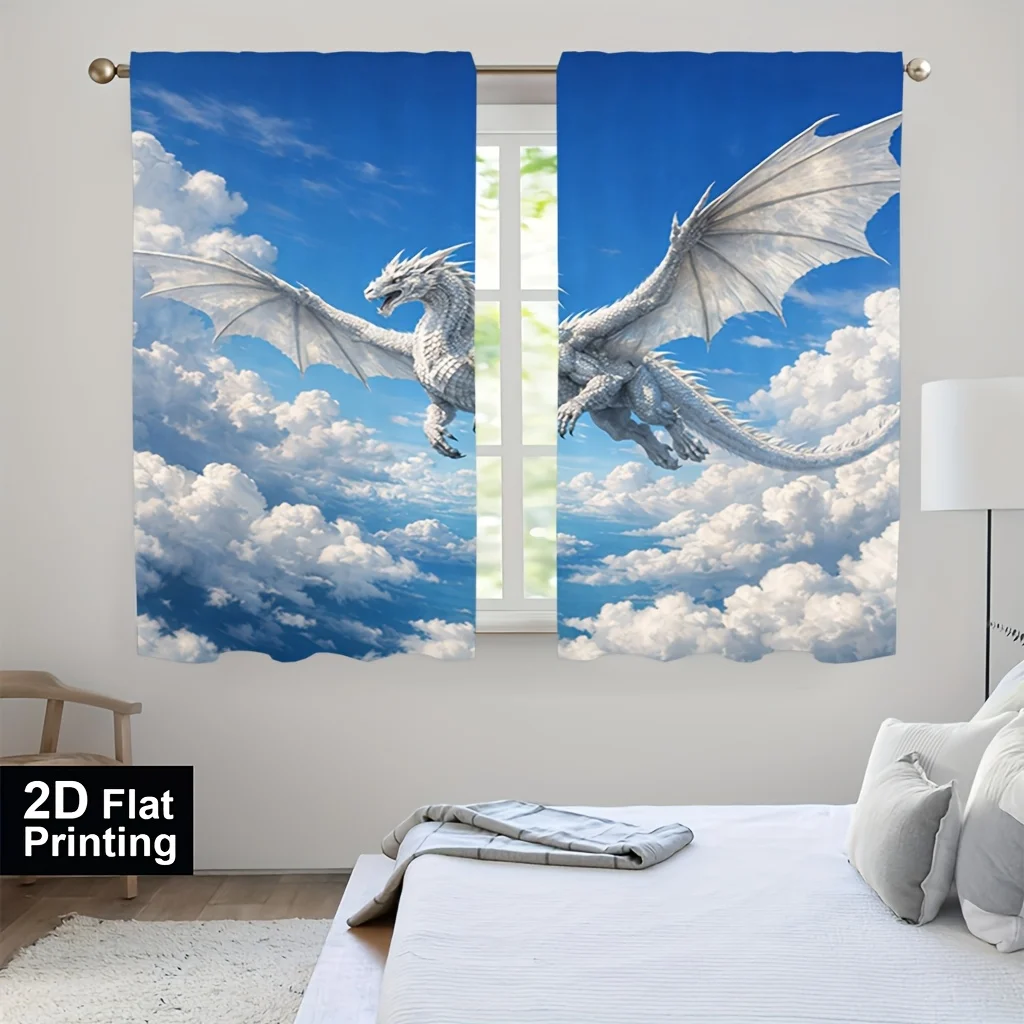 Flying Dragon Art Print Rod Pocket Window Curtains - Modern Mythical Room Decor for Bedroom Living Room Set of 2 Panels