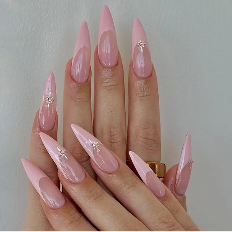 24pcs Simple Long Stiletto Press on False Nails Tips Fashion Cat's Eye French Almond Nails Art with Gilded Design Blue Fake Nail 6