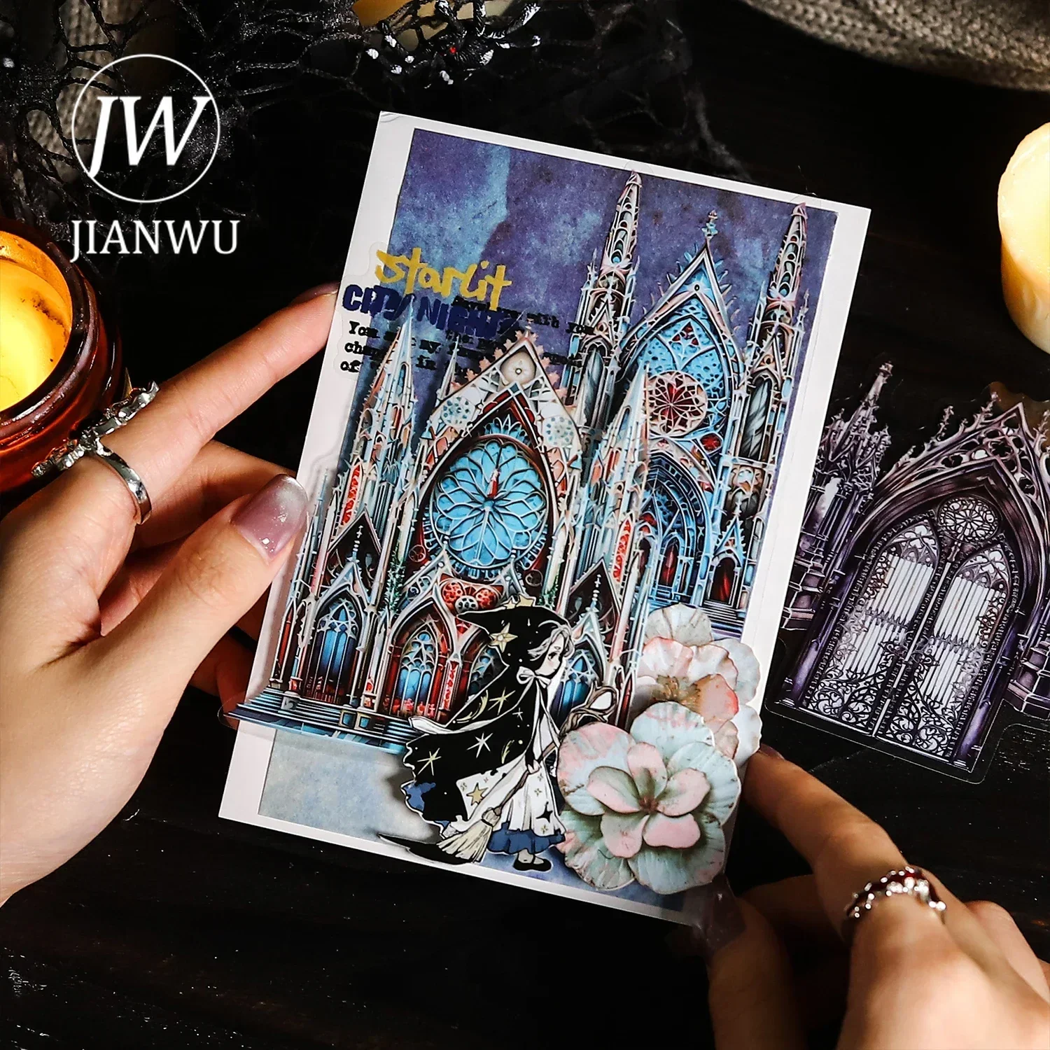 JIANWU Moonlight City Series Vintage Gothic Castle Landscaping Material Collage PET Sticker Creative DIY Journal Stationery