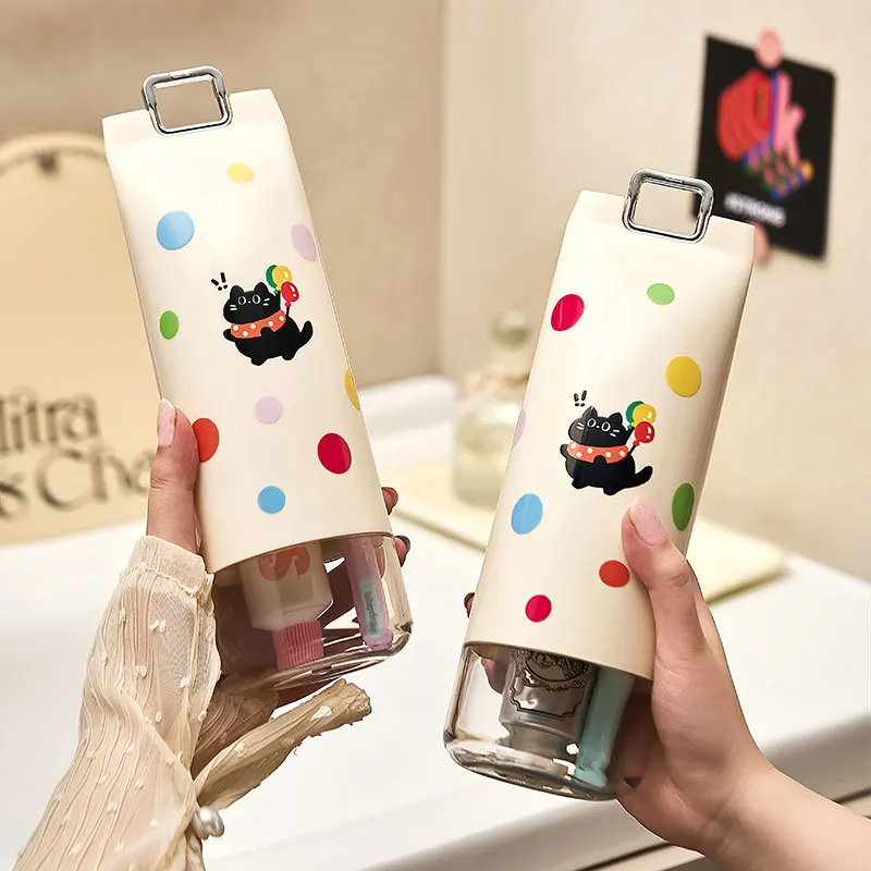 Portable Travel Toothbrush Case Cute Black Cat Polka Dot Toothpaste Holder Outdoor Wash Cup Travel Toiletries Storage Box