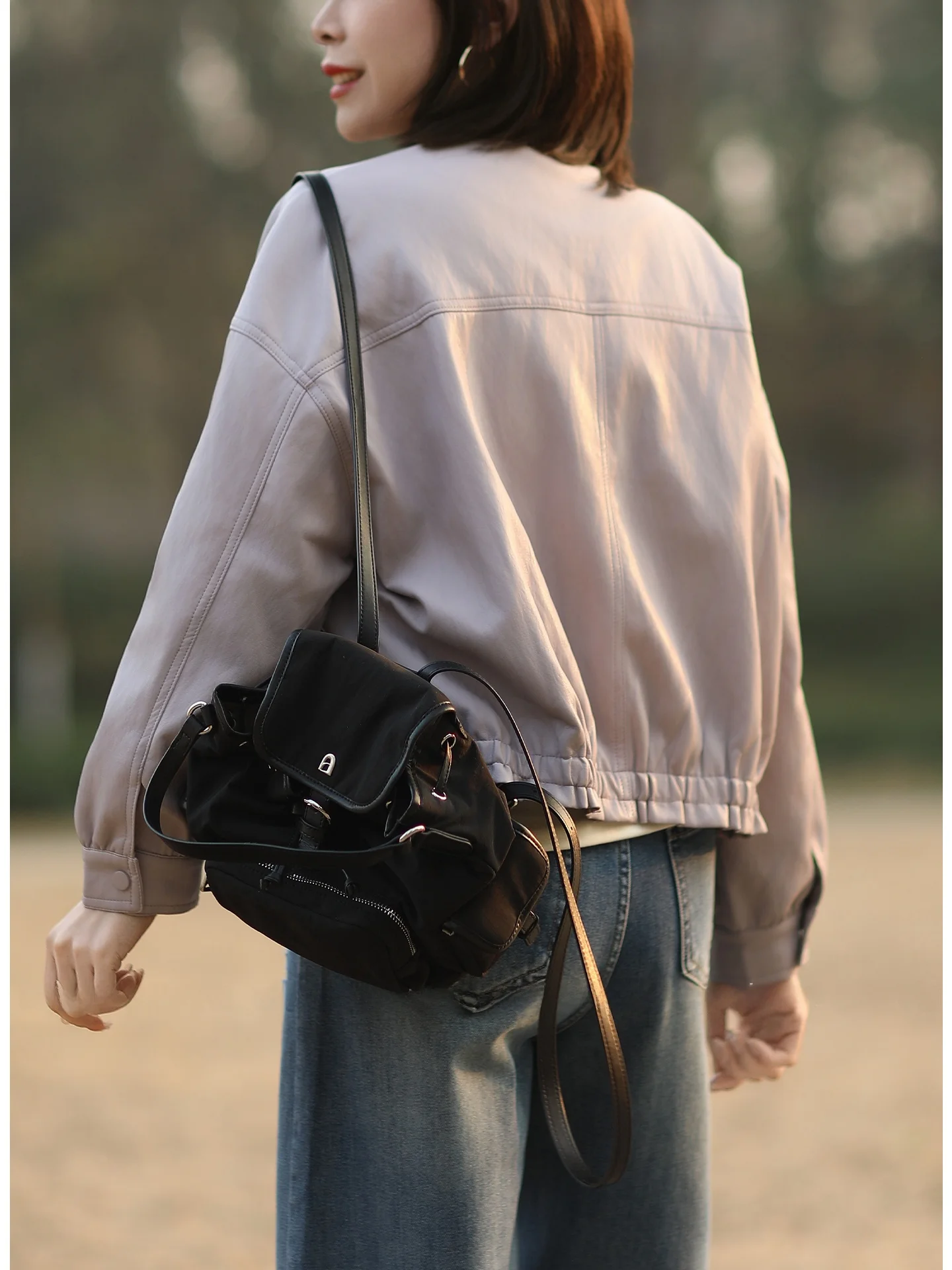 Tree Also レディース カジュアル ショート PU レザー ジャケット ソフトな質感 スタンドカラー 長袖 春のファッション アウター コート