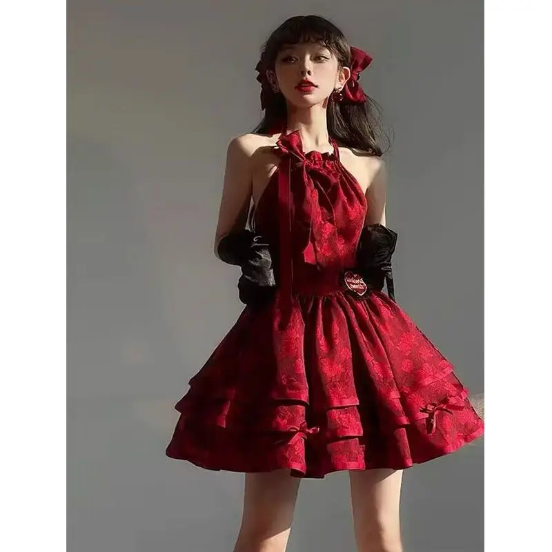 

Korea Red Halter Sling Dress for Women Spring Summer Luxury Escape Princess Sweet Vintage Puffy Waist Slim A-line Short