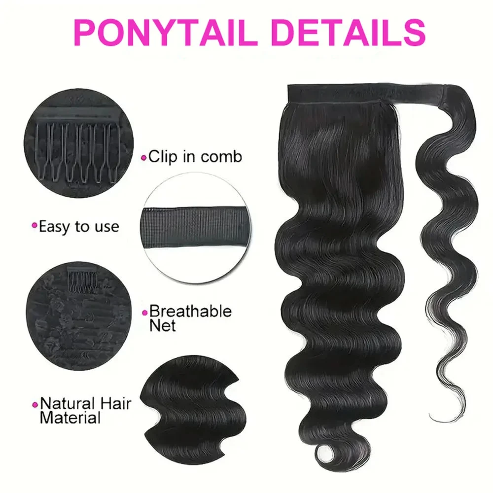 Body Wave Ponytail Extension Human Hair With Magic Paste Warp Around Brazilian 100% Human Hair For Women 1B Natural Color Virgin