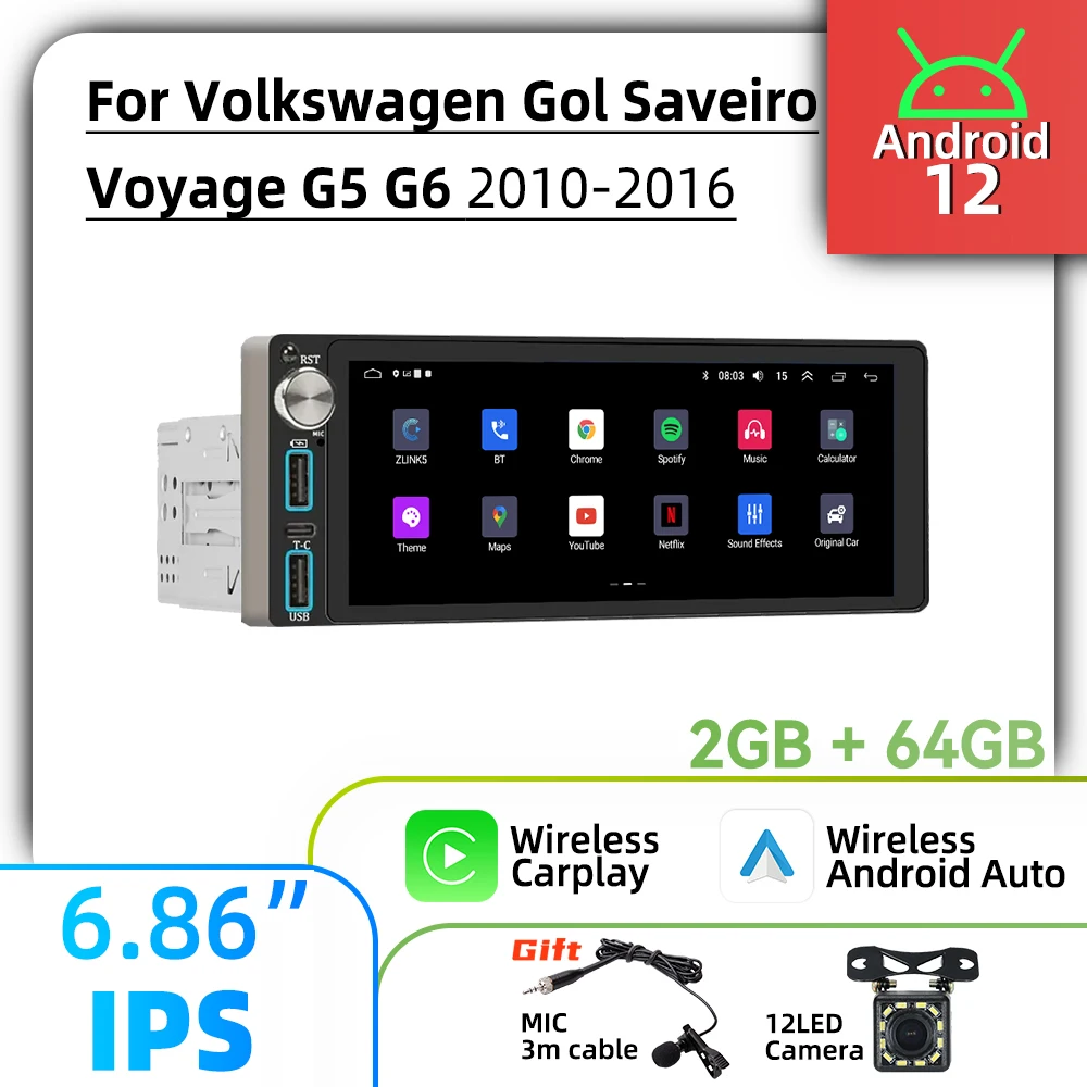 Carplay 6,86 "pantalla Multimedia 1Din Android Radio de coche para VW Volkswagen Gol Saveiro Voyage G5 G6 2010-2016 unidad principal