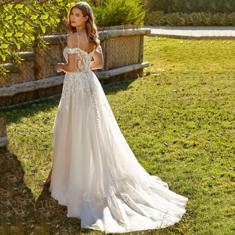 2025 Elegant Sweetheart A Line Women's Wedding Dresses Lace Appliques Customized Bride Gowns Off Shoulder Tulle Side Split 웨딩드레스