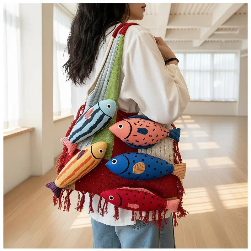 1Pcs Contrasting Cut Out Tote Bag Cute Little Fish Relaxed Knitted Bag Summer New Commuter Versatile Shoulder Bag