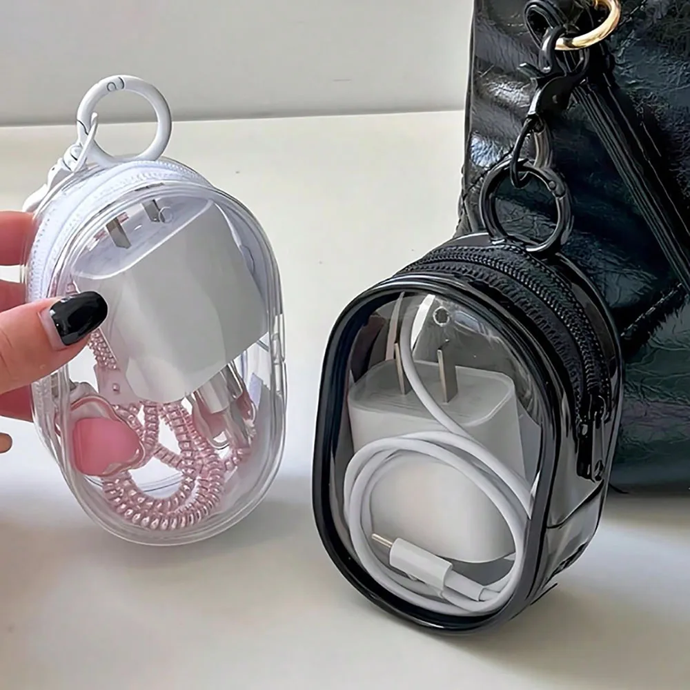 Bolsa de Armazenamento Transparente Portátil com Zíper - Organizador que Economiza Espaço para Fones de Ouvido e Carregadores, Versátil com Prático Laço para Chaveiro