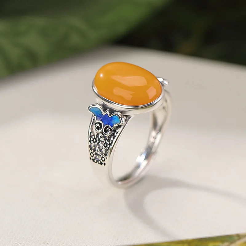 Retro New Chinese Style Butterfly Ring Hetian Jade Beeswax Enamel Oval Cabochon Adjustable Finger Ring Jewelry Gift