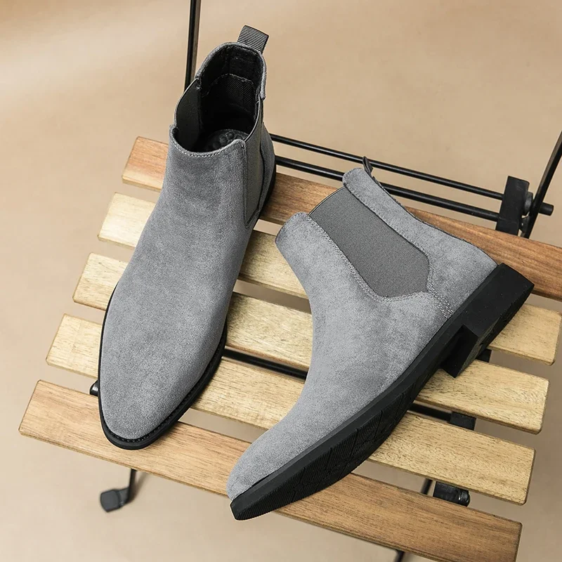 New Gray Chelsea Boots Flock Slip-On Round Toe Business Men Short Boots  Size 38-46 Botas Cuturno Masculinas