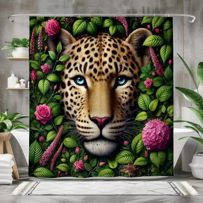 Majestic Leopard Shower Curtain, Bath Curtain, Bathroom Decor, Vibrant Floral Design, Waterproof Fabric, Unique Nature Theme