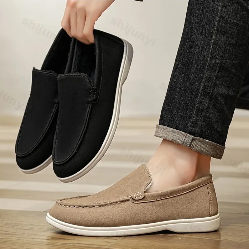 2025 Winter Vintage Shallow Mouth Casual Plush Single Shoes for Men Warm Soft Sole Comfortable Solid Color Hairy Cotton Loafers
