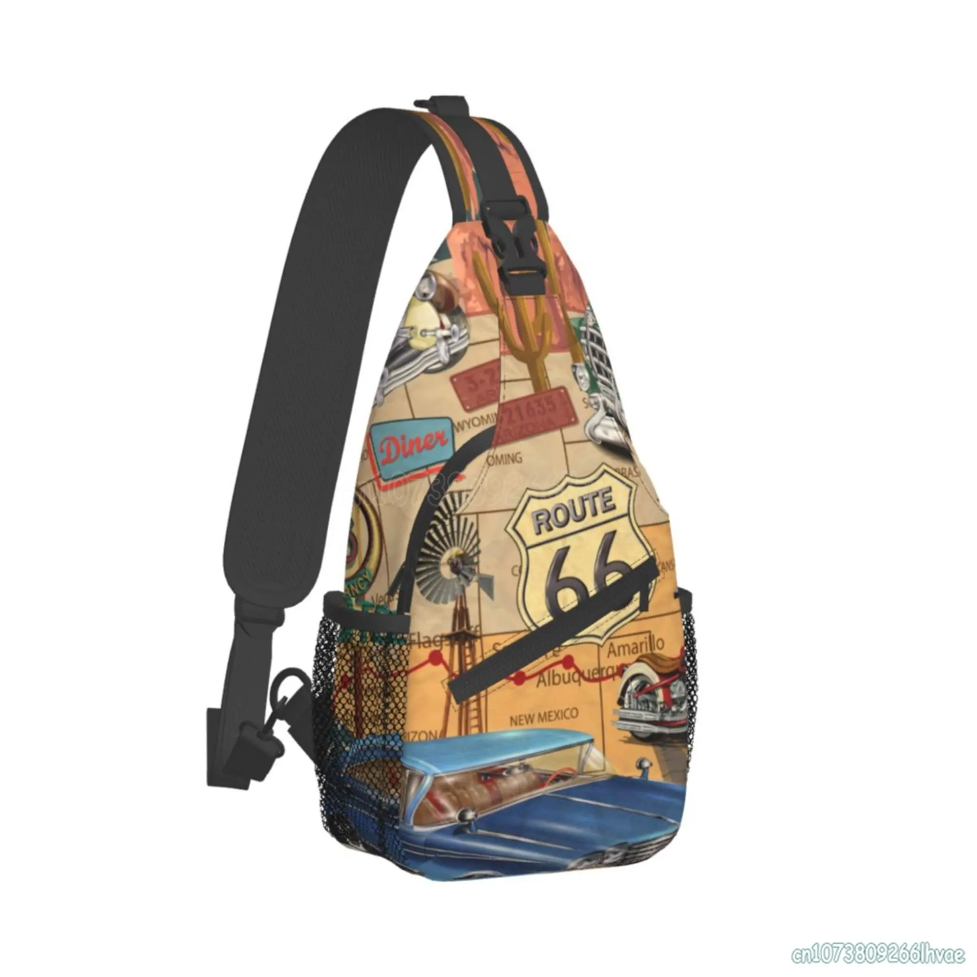 US Route 66 Sign Print Sling Backpack Crossbody Sling Bag Travel Hiking Daypacks Pattern Rope Chest Shoulder Daypack for Unisex