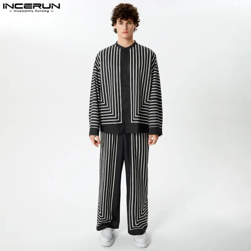 INCERUN 2024 set di stile americano nuove camicie con colletto alla coreana a righe moda uomo pantaloni lunghi Casual Streetwear set di due pezzi