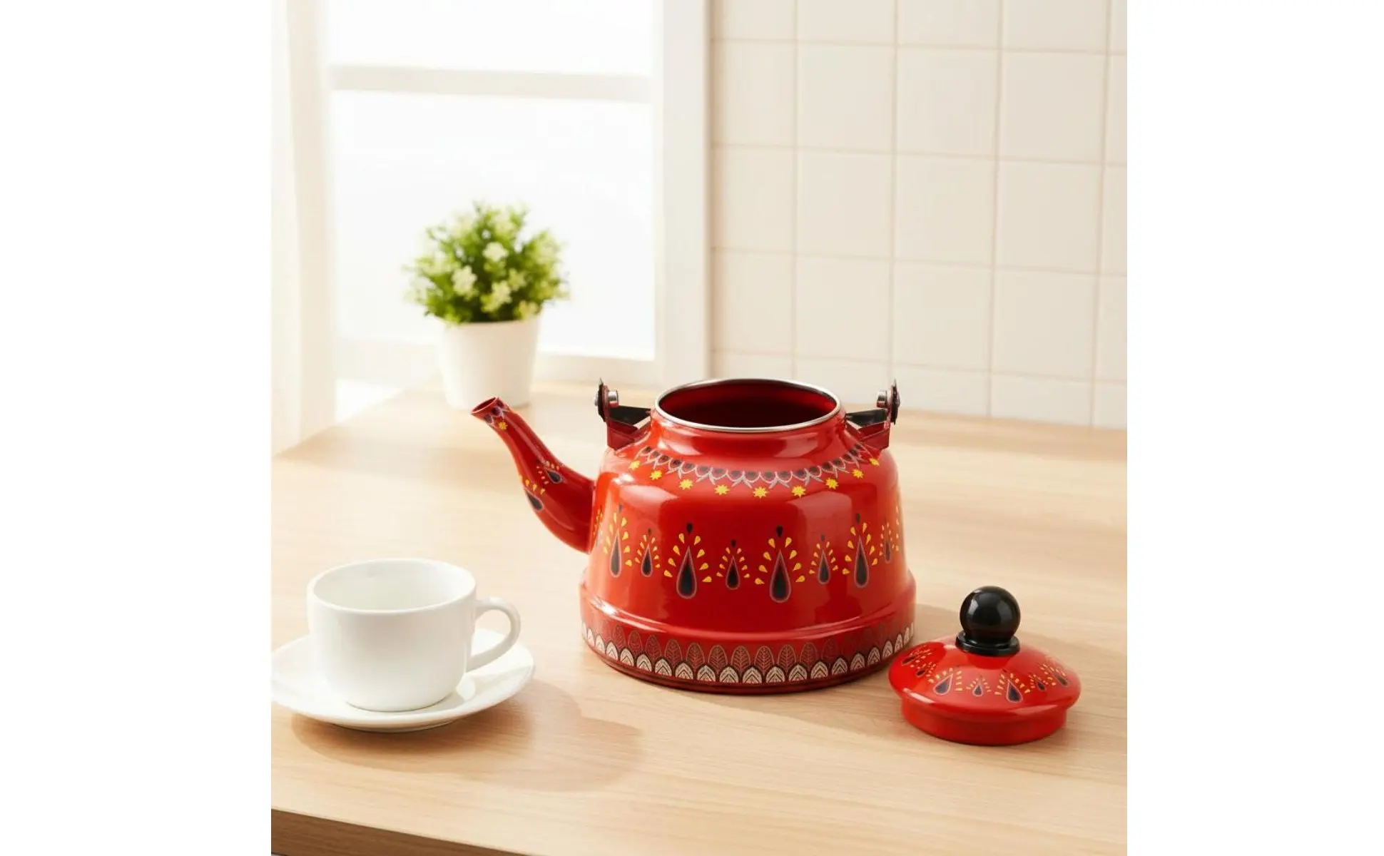 Enamel Stovetop Kettle Easy to Clean Vintage Dome Shaped Water Kettle Patterned Enamel Teapot